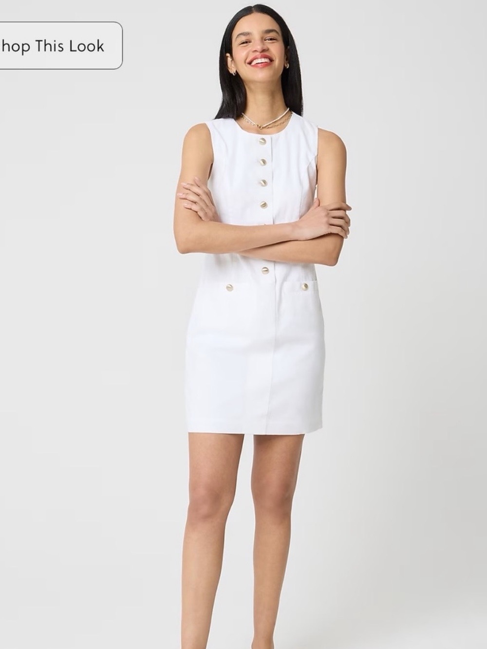 J. Crew White Sleeveless Shift Dress with Gold Buttons
